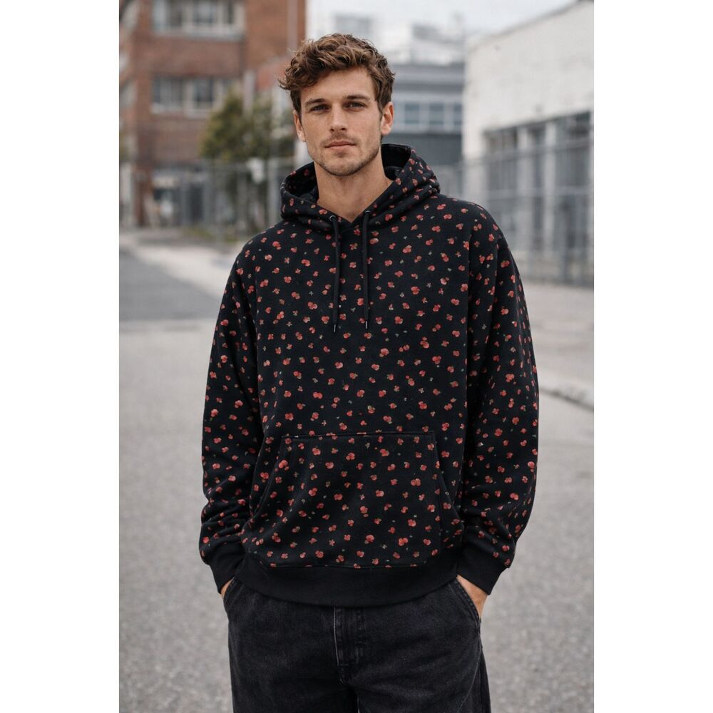 The Hundreds Red Rose Print Cotton Black Hoodie M NWOT